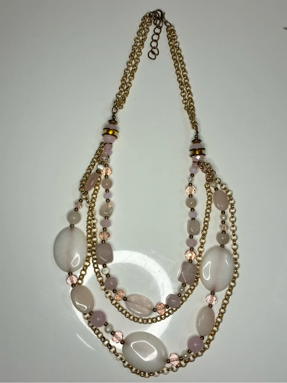 Multi-Strand Pink Rose Quart Chunky Beaded Gold-Tone Statement Necklace 156g